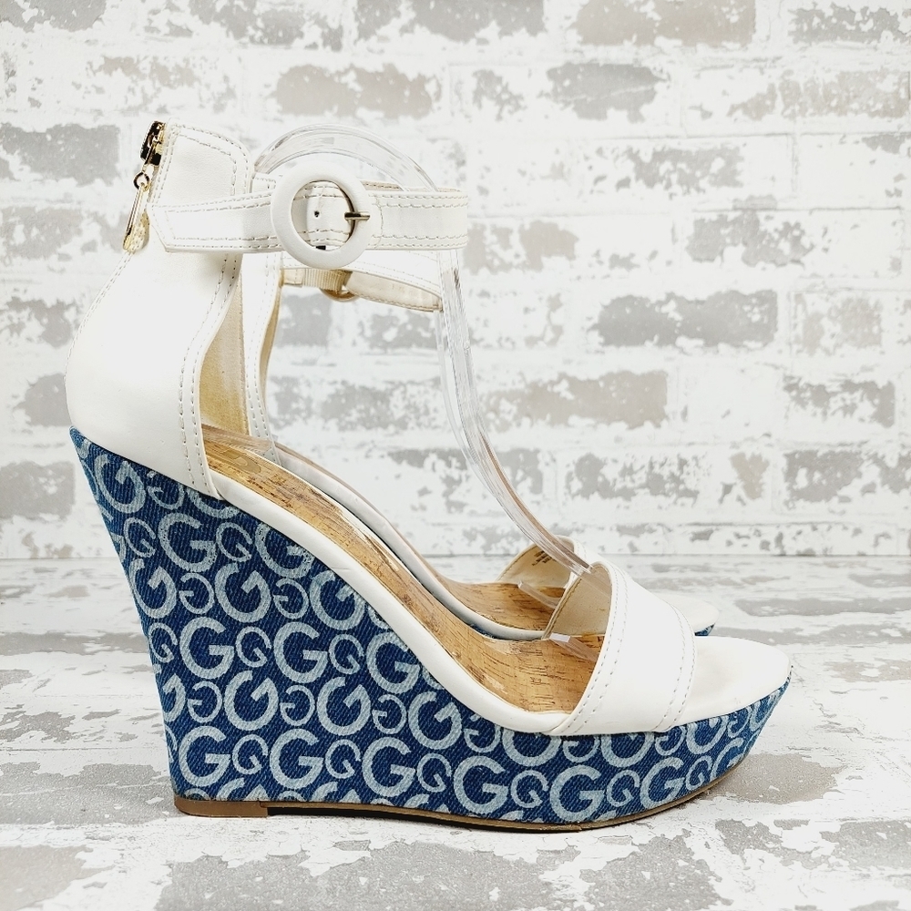 Guess Womens Donny Shoes White Blue Signature Logo Wedge Platform Sandals D54 - Picture 5 of 15
